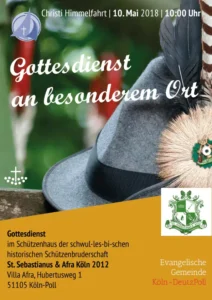 Einladungskarte für einen Gottesdienst im Schützenhaus der historischen Schützenbruderschaft St. Sebastianus & Afra Köln.